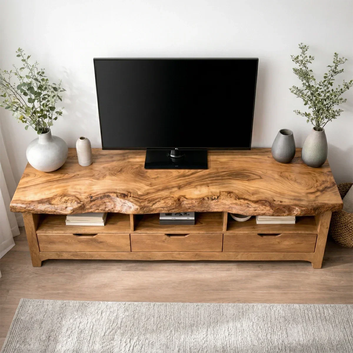 Live Edge Solid Wood TV Stand with Drawers and Open Storage - Elitegemse