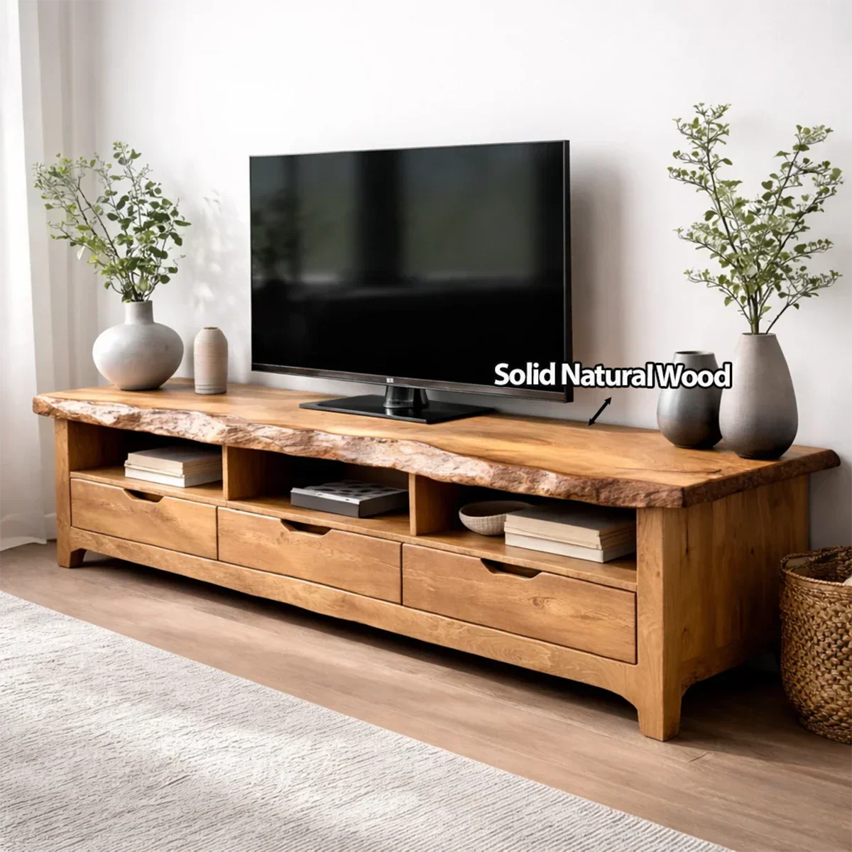 Live Edge Solid Wood TV Stand with Drawers and Open Storage - Elitegemse