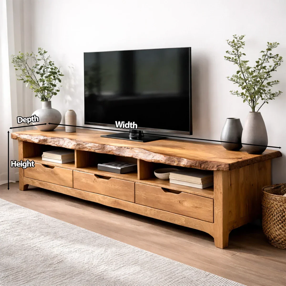 Live Edge Solid Wood TV Stand with Drawers and Open Storage - Elitegemse