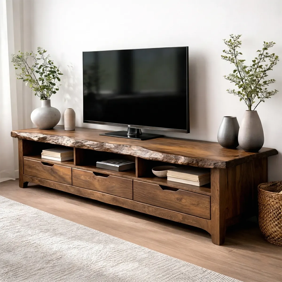 Live Edge Solid Wood TV Stand with Drawers and Open Storage - Elitegemse