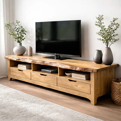 Live Edge Solid Wood TV Stand with Drawers and Open Storage - Elitegemse