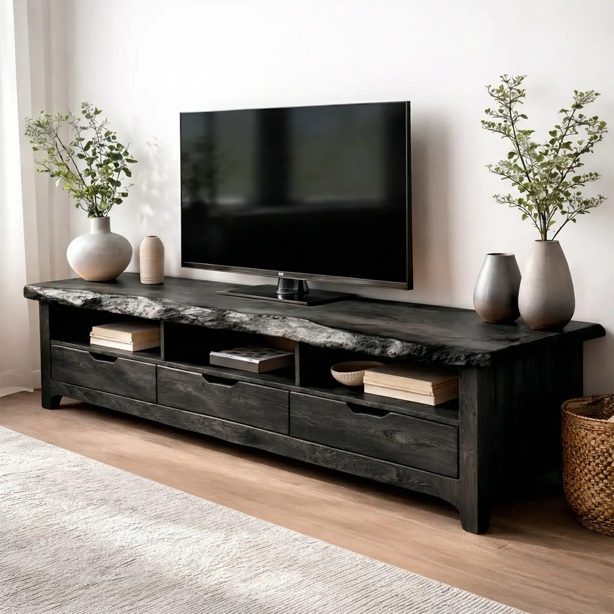 Live Edge Solid Wood TV Stand with Drawers and Open Storage - Elitegemse