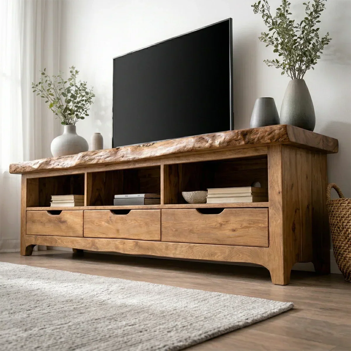 Live Edge Solid Wood TV Stand with Drawers and Open Storage - Woodenecho