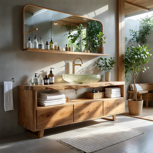 Live Edge Solid Wood Vanity with Storage – Japandi Spa Bathroom Console - Elitegemse