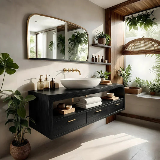 Live-Edge Walnut Finish Floating Bathroom Vanity - Solid Wood Bathroom Cabinet - Elitegemse