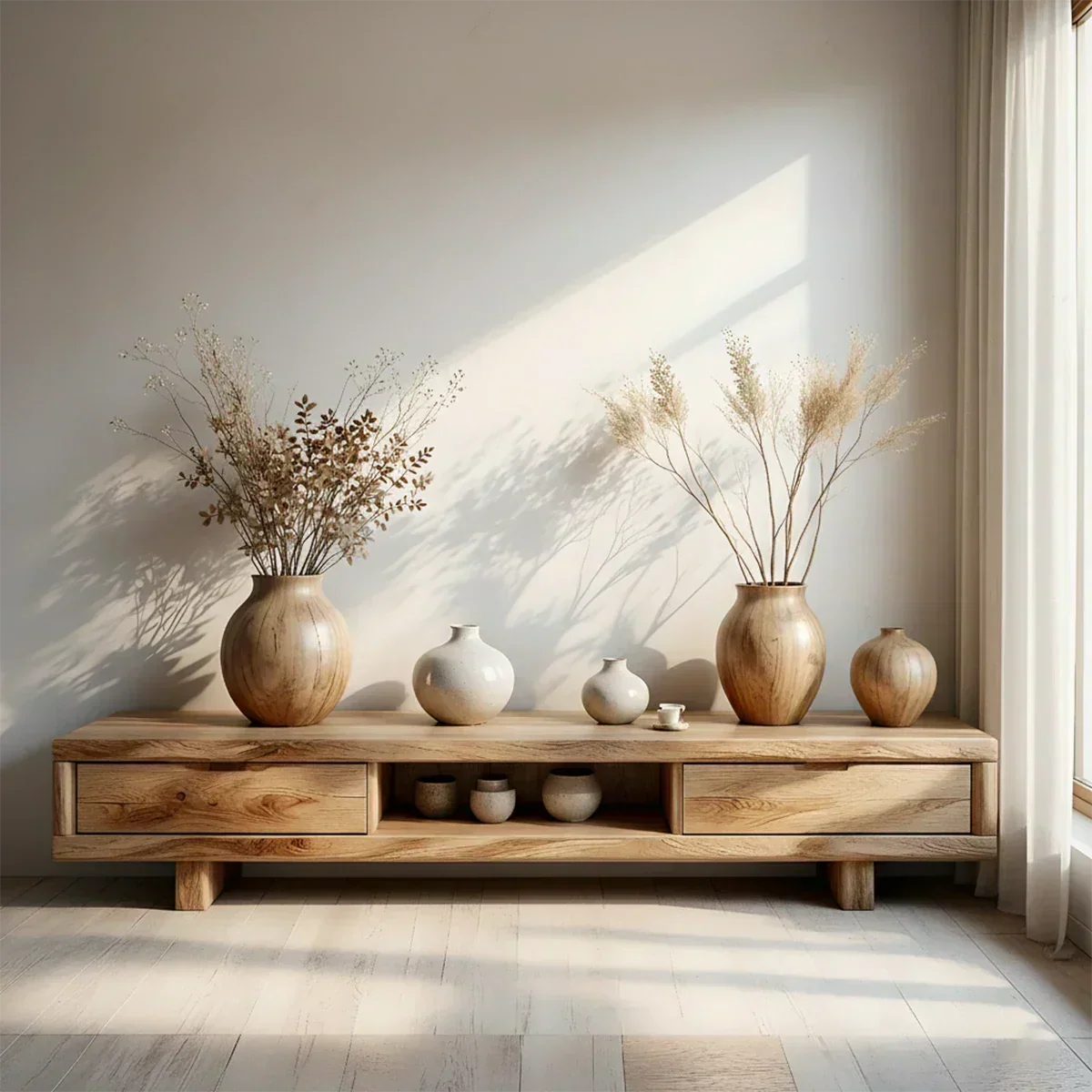 Low Solid Wood Japandi TV Stand – Minimal Zen Media Console - Woodenecho