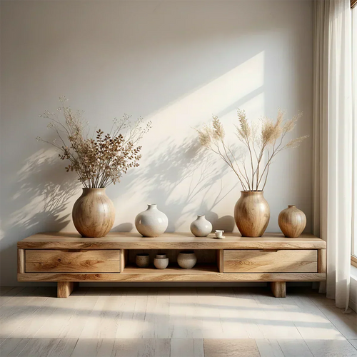 Low Solid Wood Japandi TV Stand – Minimal Zen Media Console - Woodenecho