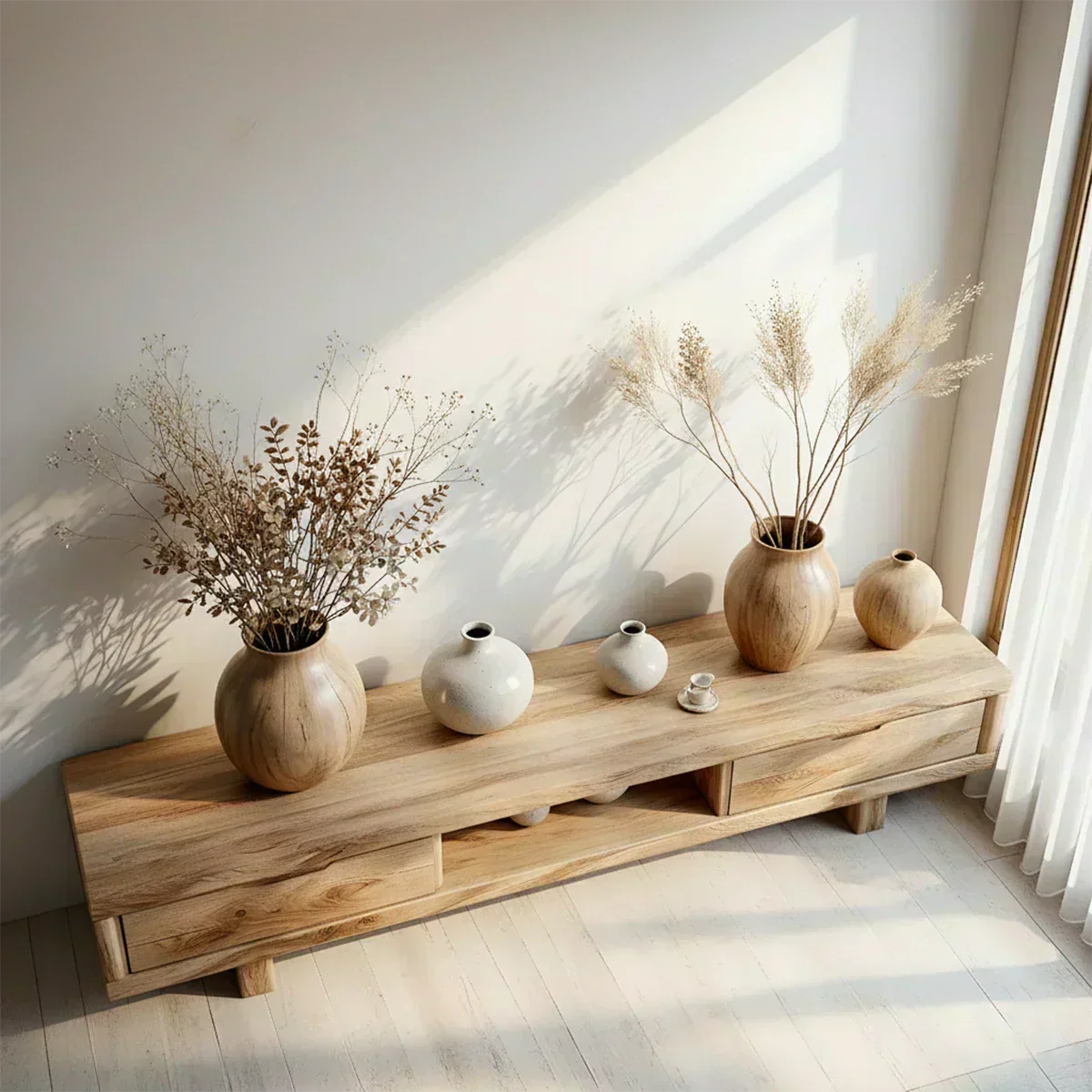Low Solid Wood Japandi TV Stand – Minimal Zen Media Console - Woodenecho