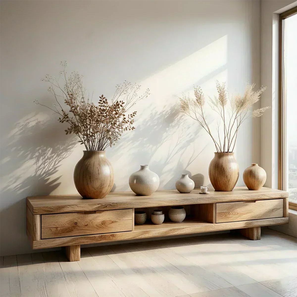 Low Solid Wood Japandi TV Stand – Minimal Zen Media Console - Woodenecho