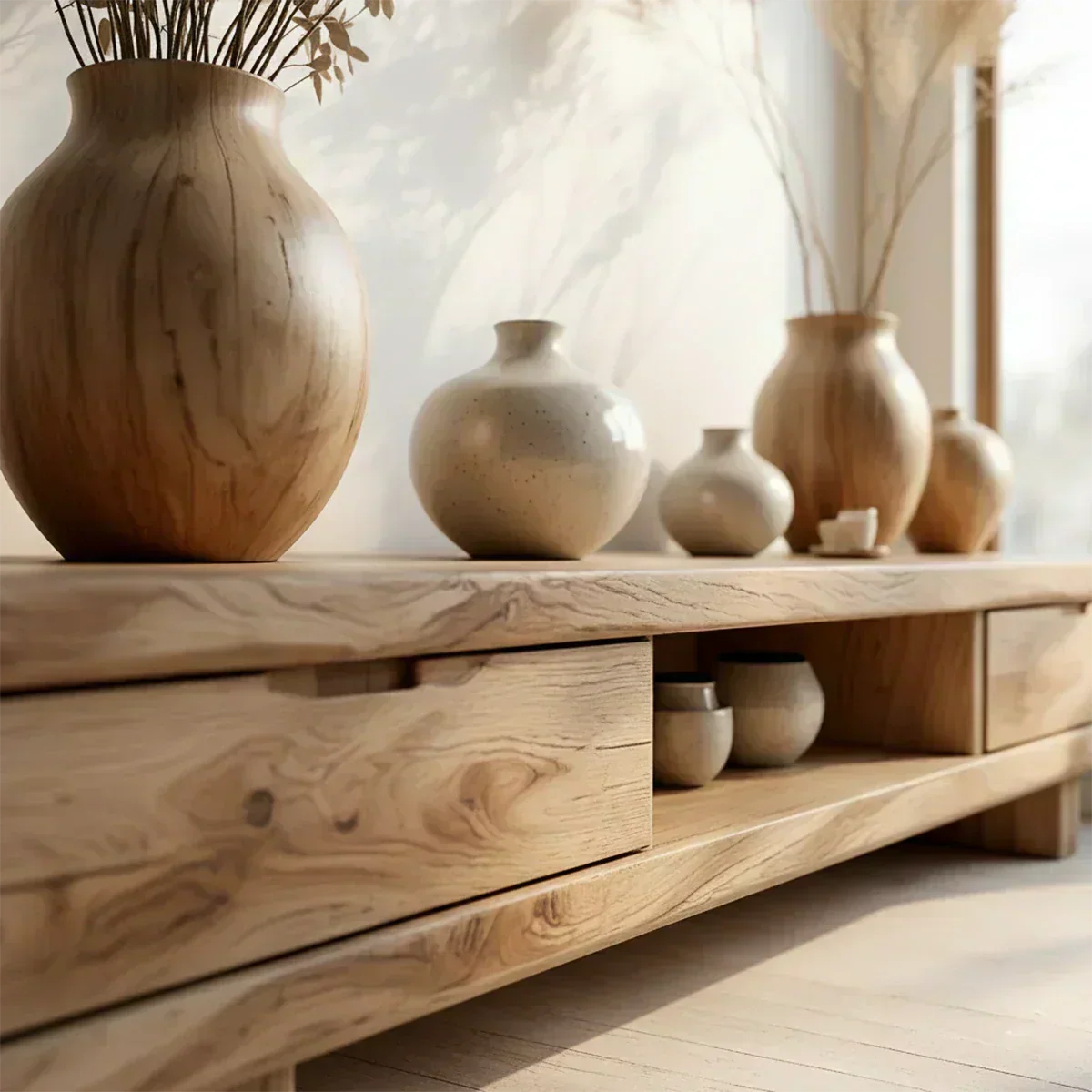 Low Solid Wood Japandi TV Stand – Minimal Zen Media Console - Woodenecho