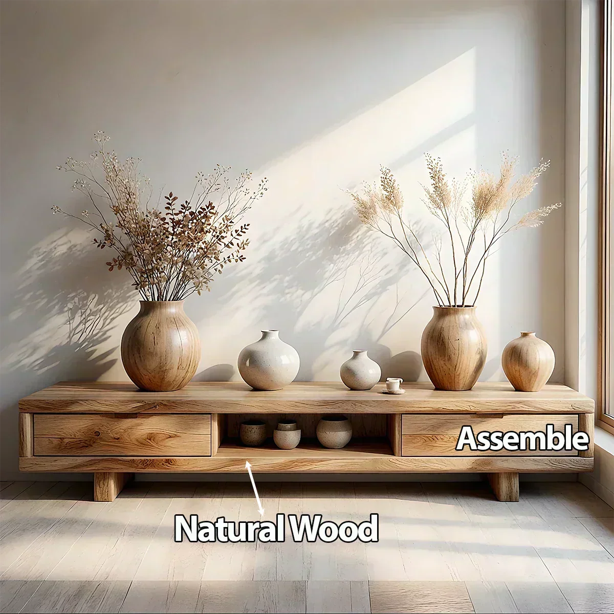 Low Solid Wood Japandi TV Stand – Minimal Zen Media Console - Woodenecho