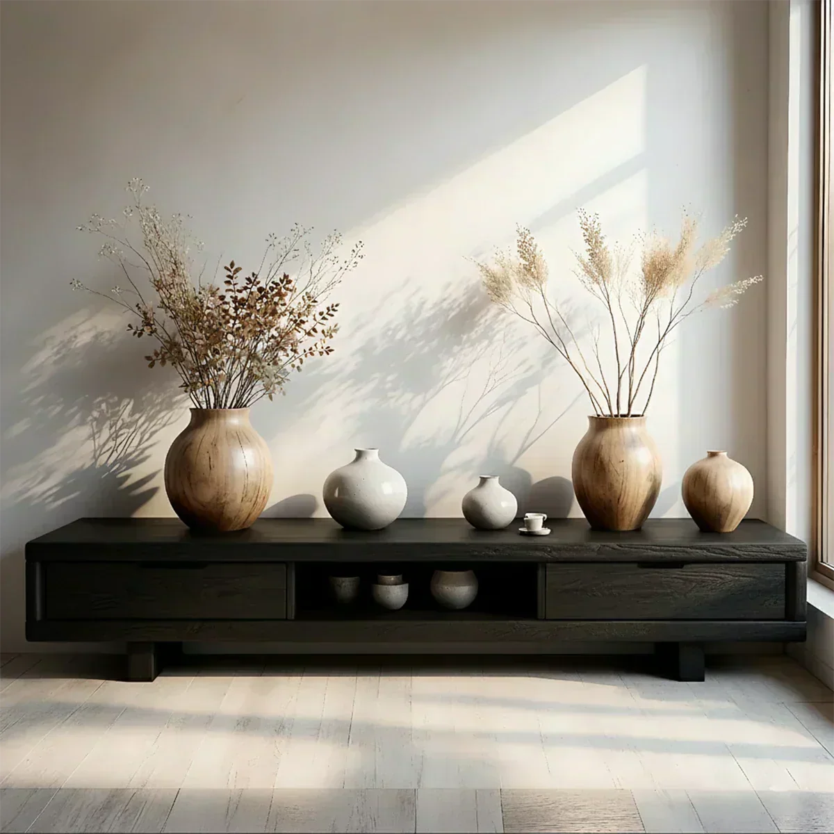Low Solid Wood Japandi TV Stand – Minimal Zen Media Console - Woodenecho