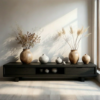 Low Solid Wood Japandi TV Stand – Minimal Zen Media Console - Woodenecho