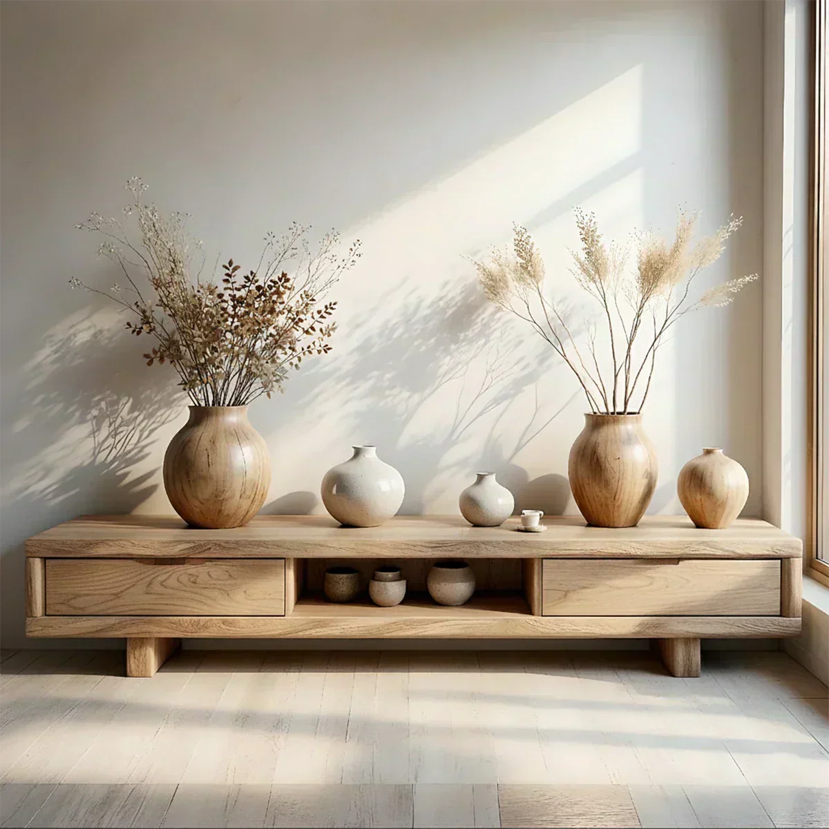 Low Solid Wood Japandi TV Stand – Minimal Zen Media Console - Woodenecho