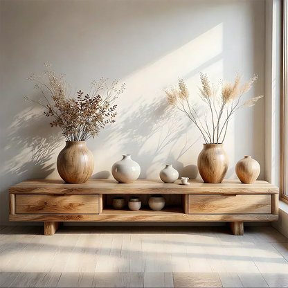 Low Solid Wood Japandi TV Stand – Minimal Zen Media Console - Woodenecho