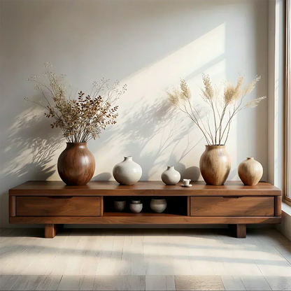 Low Solid Wood Japandi TV Stand – Minimal Zen Media Console - Woodenecho