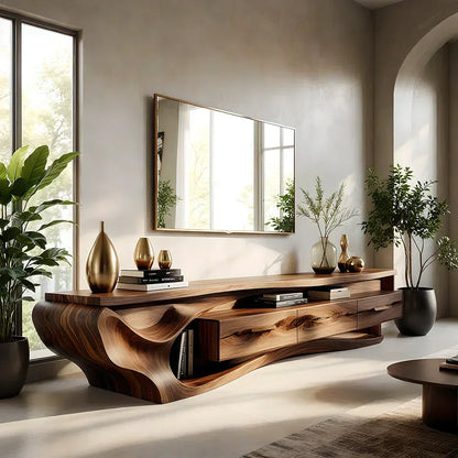 Luxury Wave-Carved Solid Wood TV Stand - Organic Modern Media Console - Elitegemse