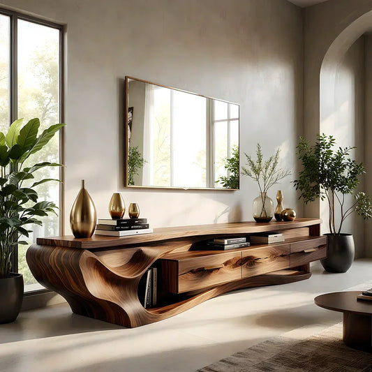 Luxury Wave-Carved Solid Wood TV Stand - Organic Modern Media Console - Elitegemse