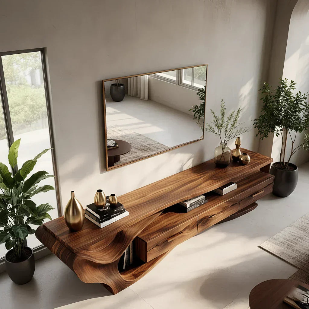 Luxury Wave-Carved Solid Wood TV Stand - Organic Modern Media Console - Elitegemse