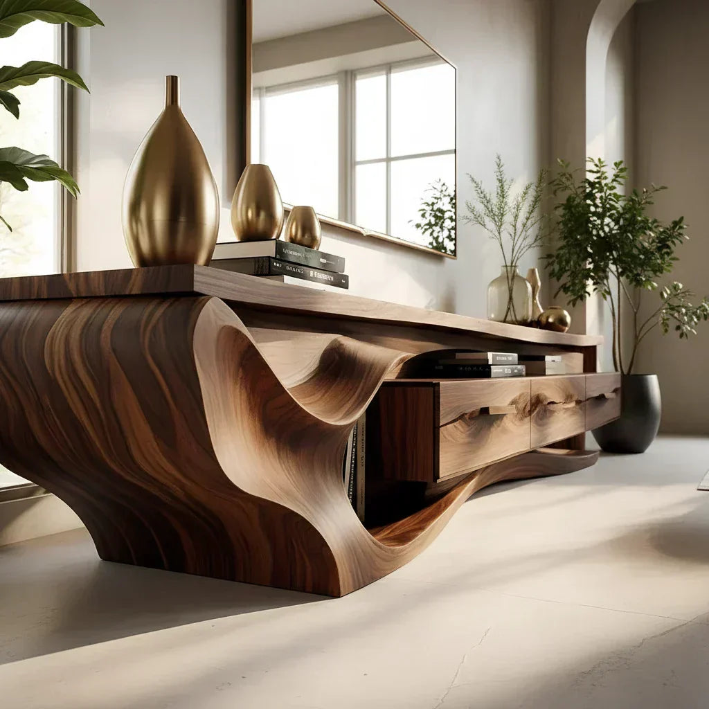 Luxury Wave-Carved Solid Wood TV Stand - Organic Modern Media Console - Elitegemse