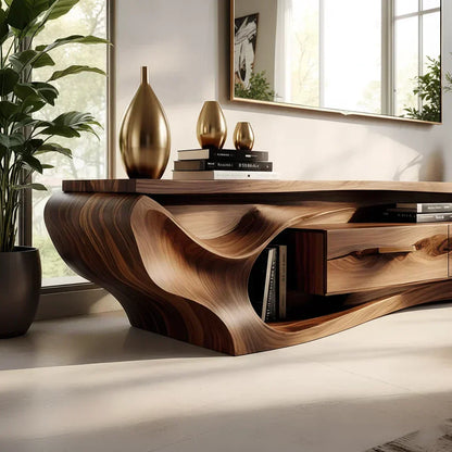 Luxury Wave-Carved Solid Wood TV Stand - Organic Modern Media Console - Elitegemse