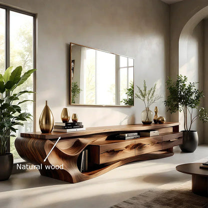 Luxury Wave-Carved Solid Wood TV Stand - Organic Modern Media Console - Elitegemse