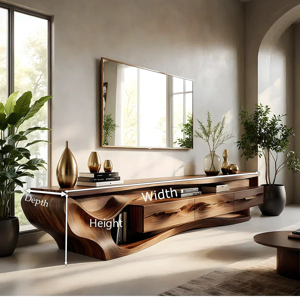 Luxury Wave-Carved Solid Wood TV Stand - Organic Modern Media Console - Elitegemse