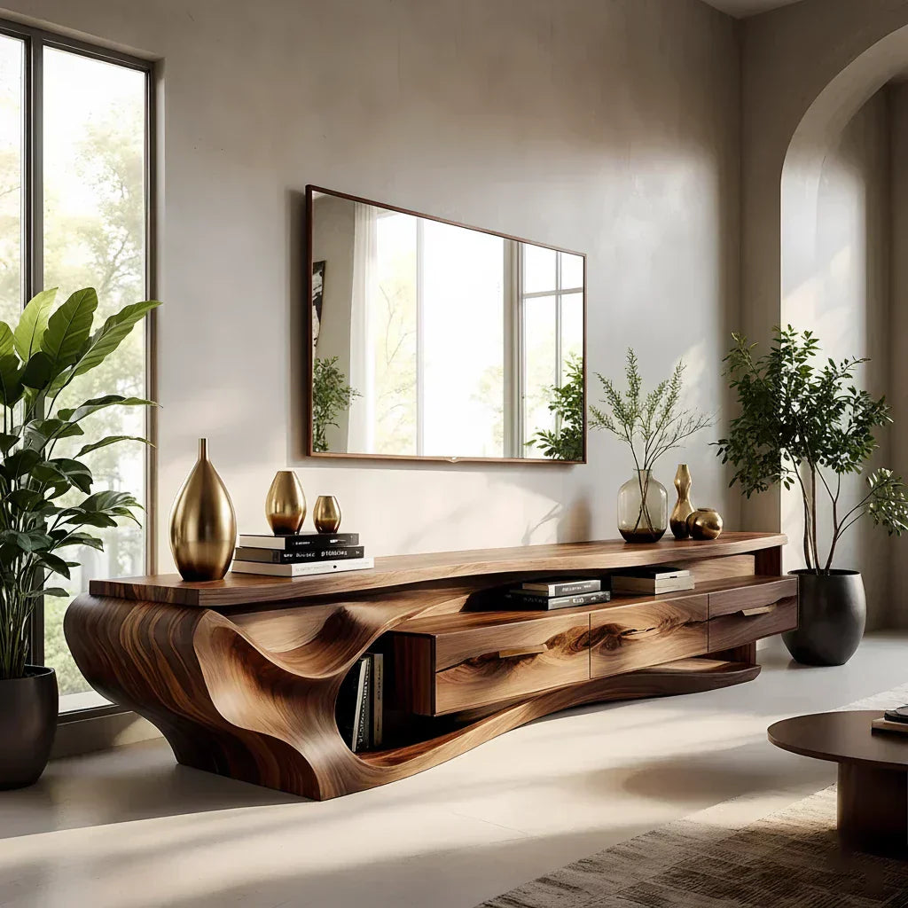 Luxury Wave-Carved Solid Wood TV Stand - Organic Modern Media Console - Elitegemse