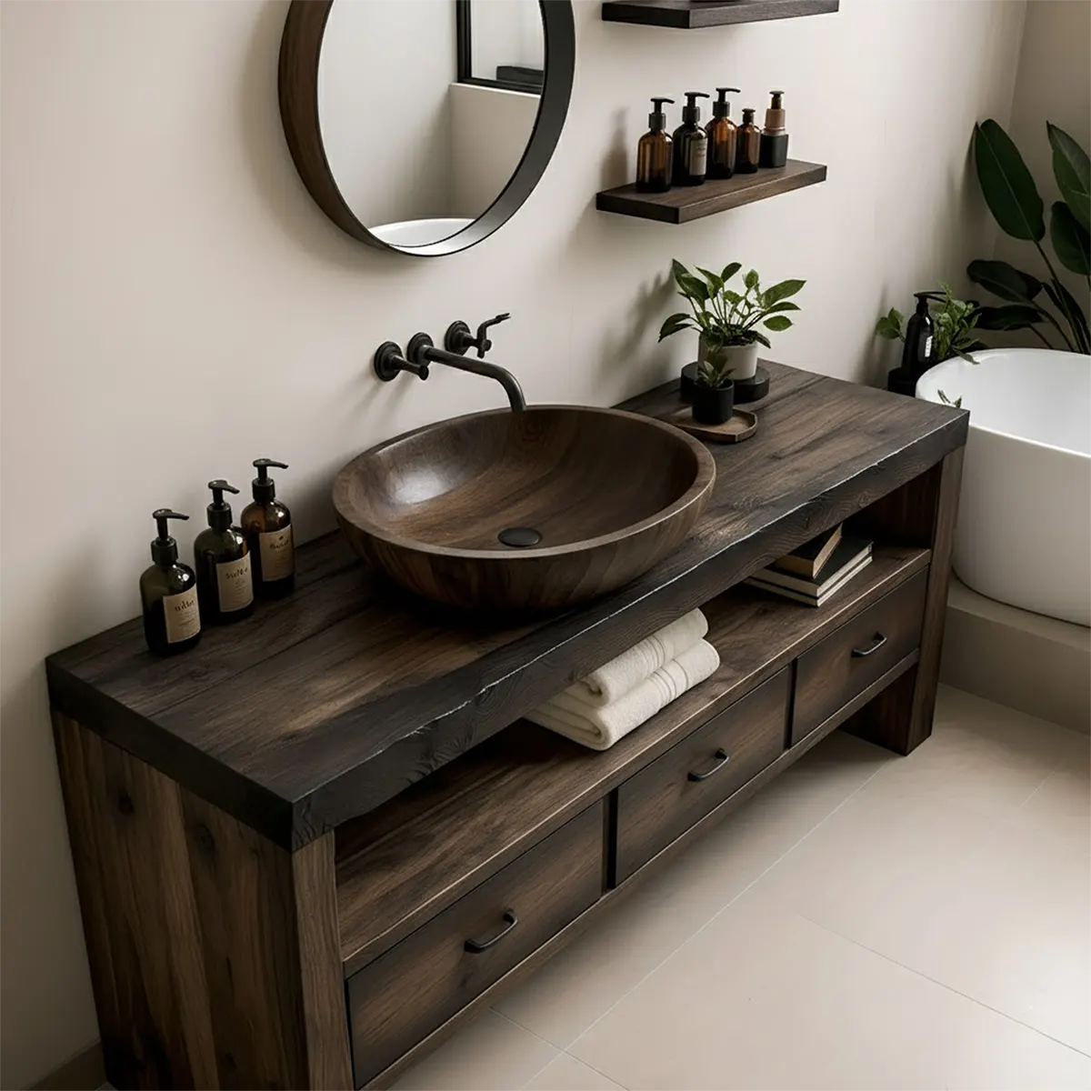 Midnight Oak Vanity – Modern Zen Solid Wood Bathroom - Elitegemse