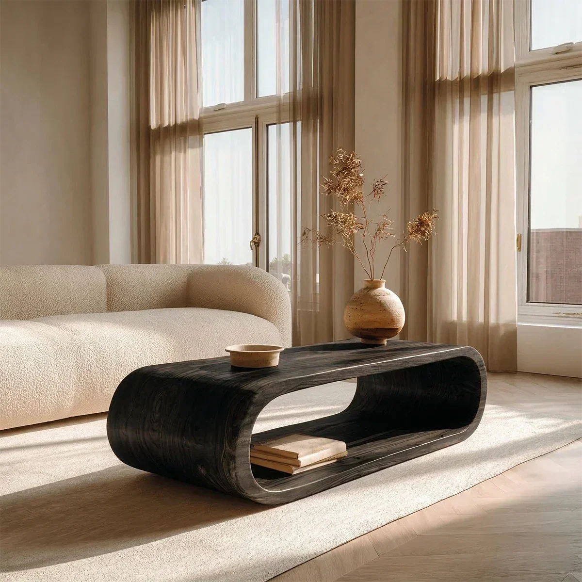 Minimalist Loop Form Natural Solid Wood Coffee Table with Open Base - Rustirawood