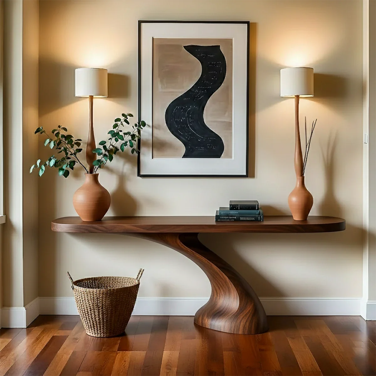 Minimalist Sculptural Console Table in Natural Solid Wood for Entryway - Woodenecho