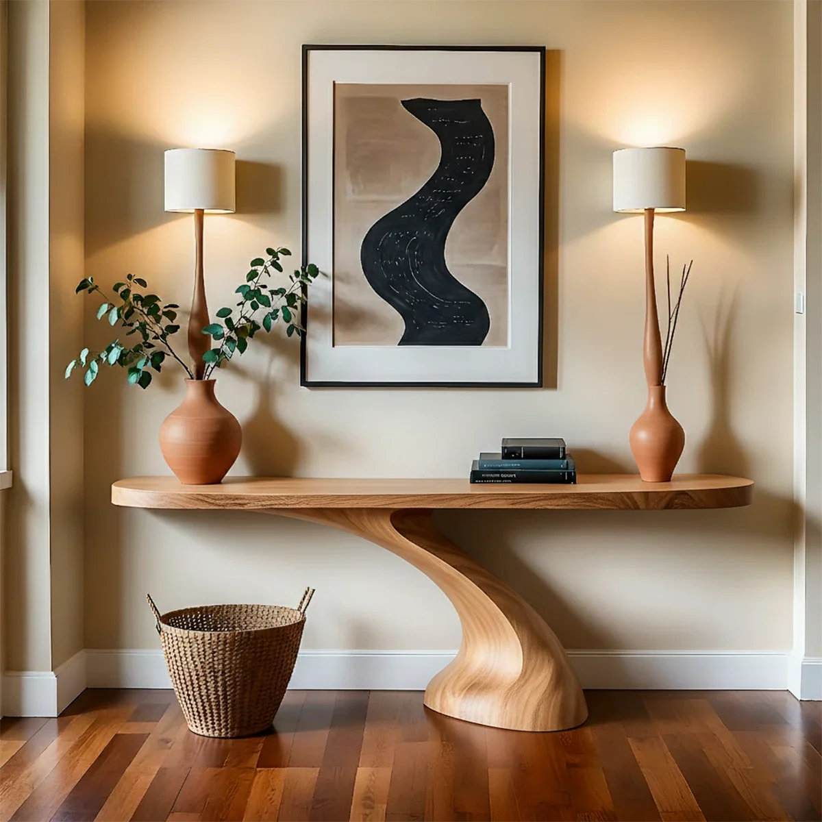 Minimalist Sculptural Console Table in Natural Solid Wood for Entryway - Woodenecho