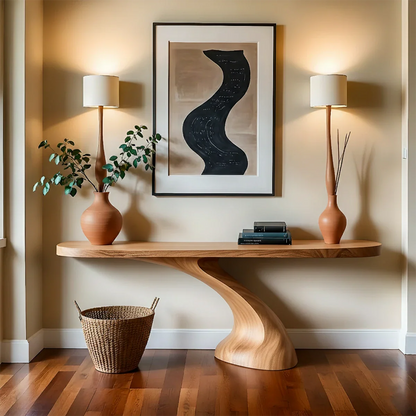 Minimalist Sculptural Console Table in Natural Solid Wood for Entryway - Woodenecho