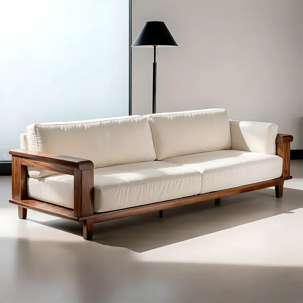 Modern Cotton Sofa with Solid Wood Arm Details - Woodenecho