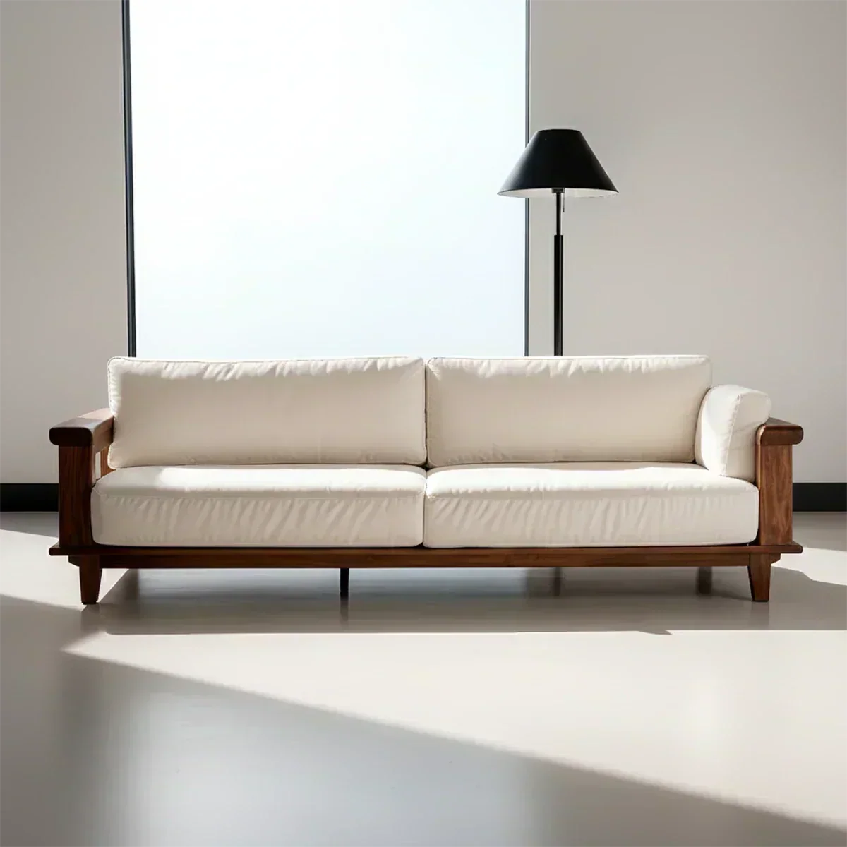 Modern Cotton Sofa with Solid Wood Arm Details - Woodenecho