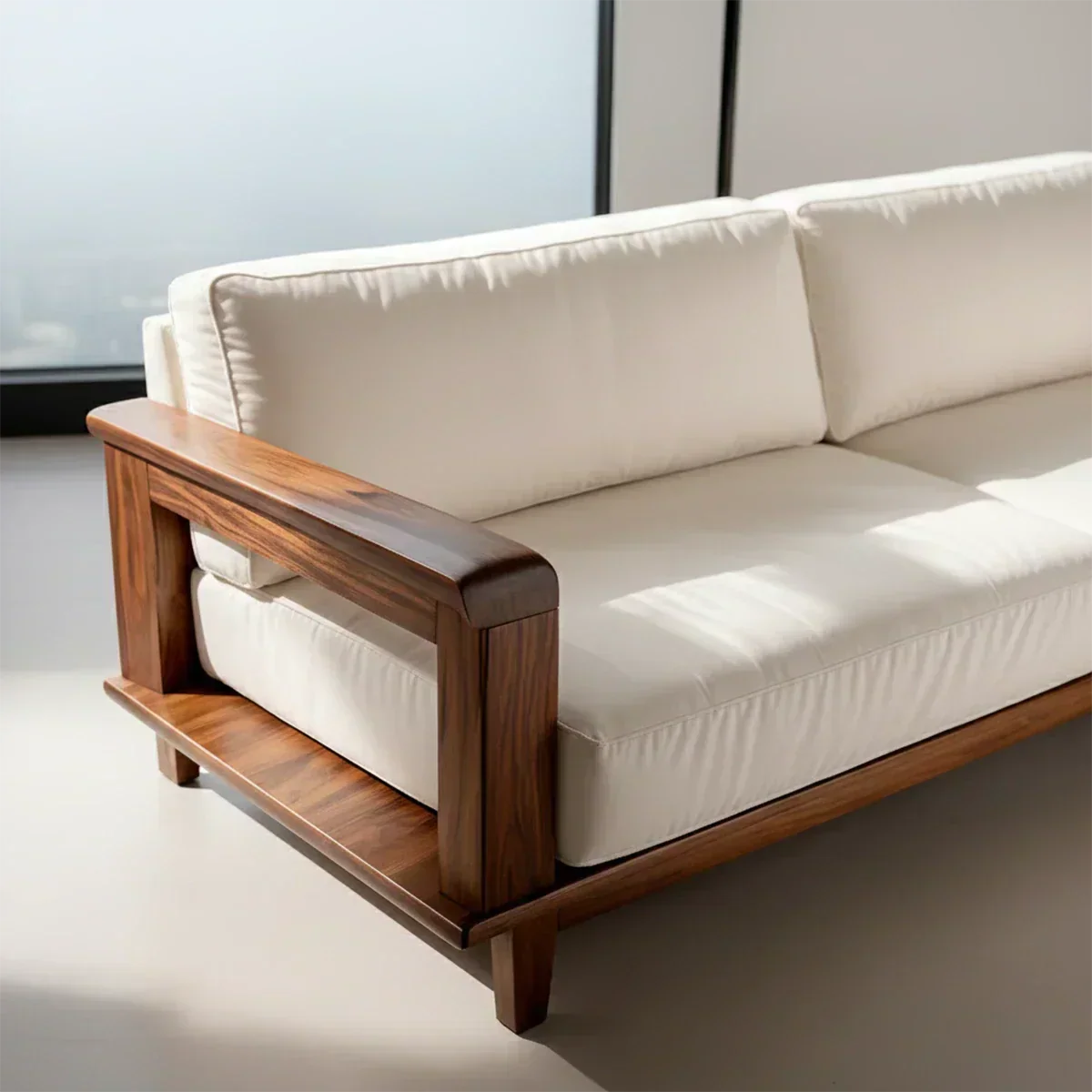 Modern Cotton Sofa with Solid Wood Arm Details - Woodenecho