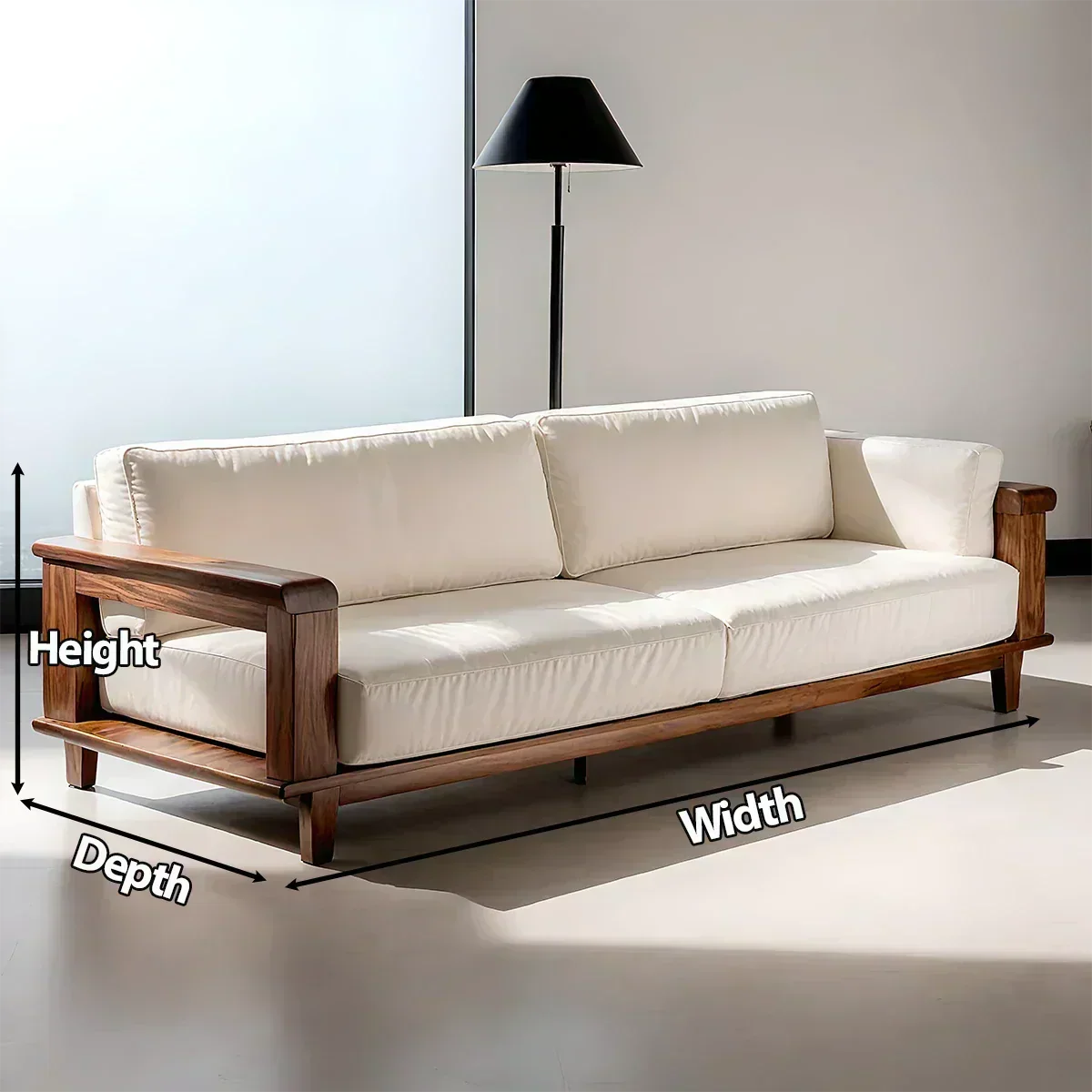 Modern Cotton Sofa with Solid Wood Arm Details - Woodenecho