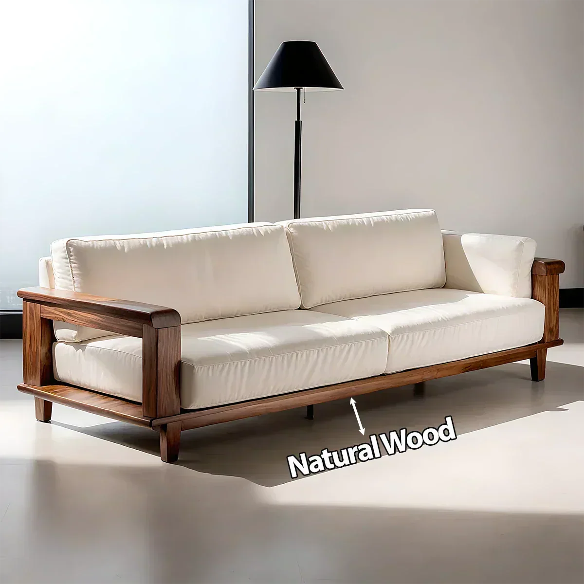 Modern Cotton Sofa with Solid Wood Arm Details - Woodenecho