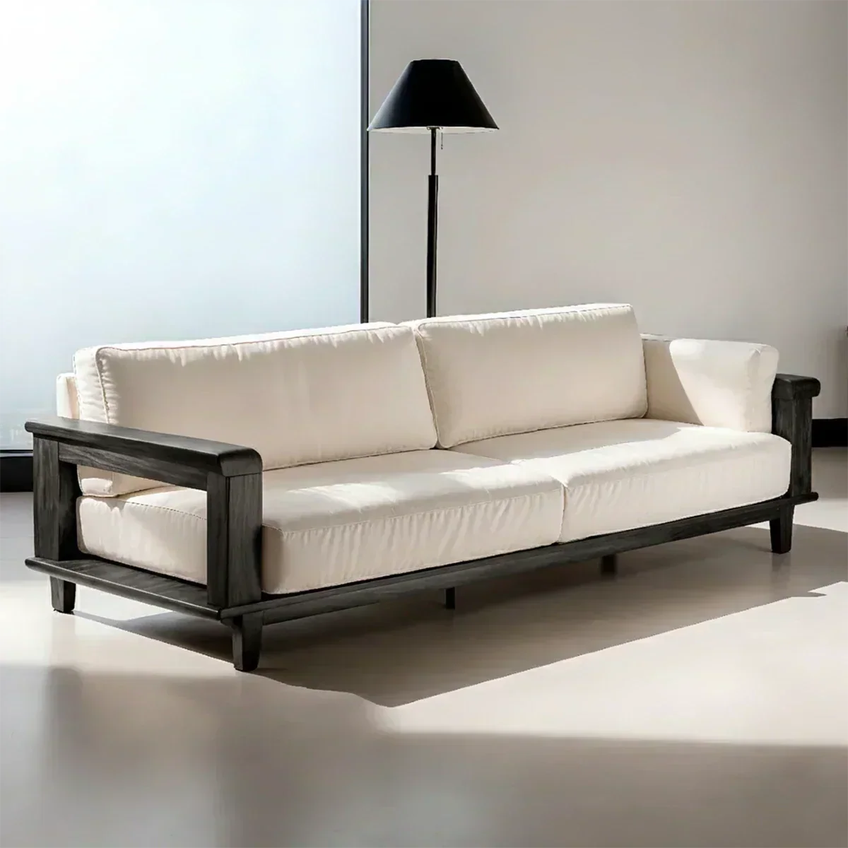 Modern Cotton Sofa with Solid Wood Arm Details - Woodenecho