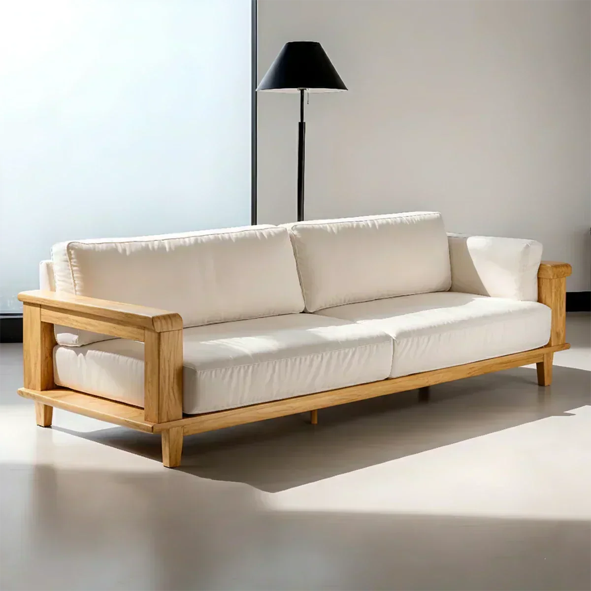 Modern Cotton Sofa with Solid Wood Arm Details - Woodenecho