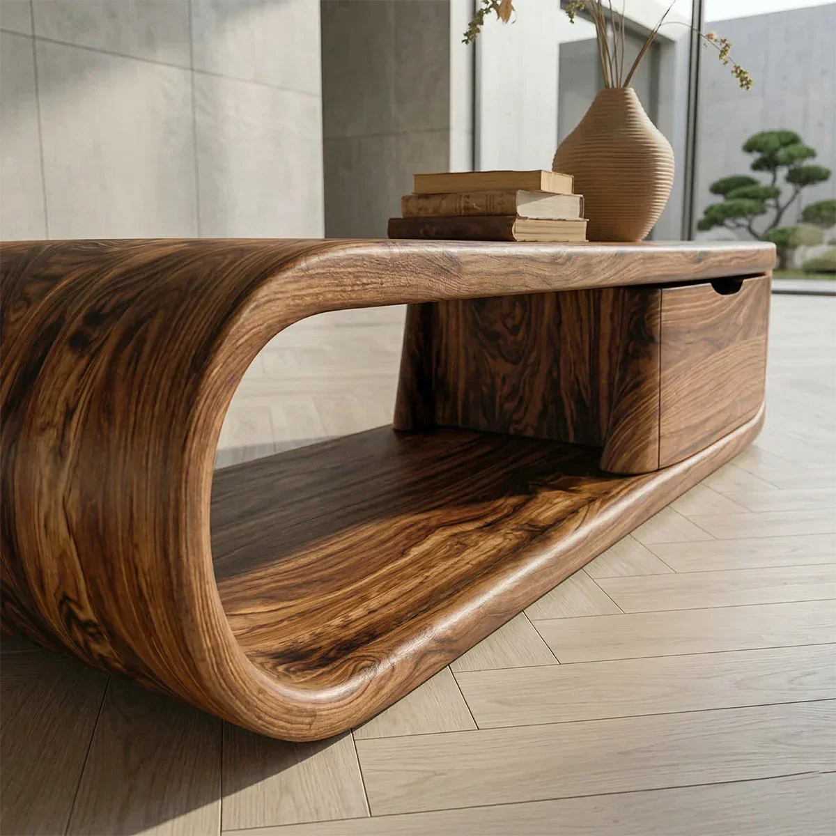 Modern Curved Natural Solid Wood Coffee Table with Drawer Storage - Rustirawood