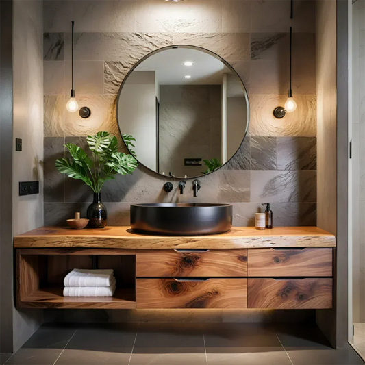 Modern Floating Natural Solid Wood Bathroom Vanity - Elitegemse