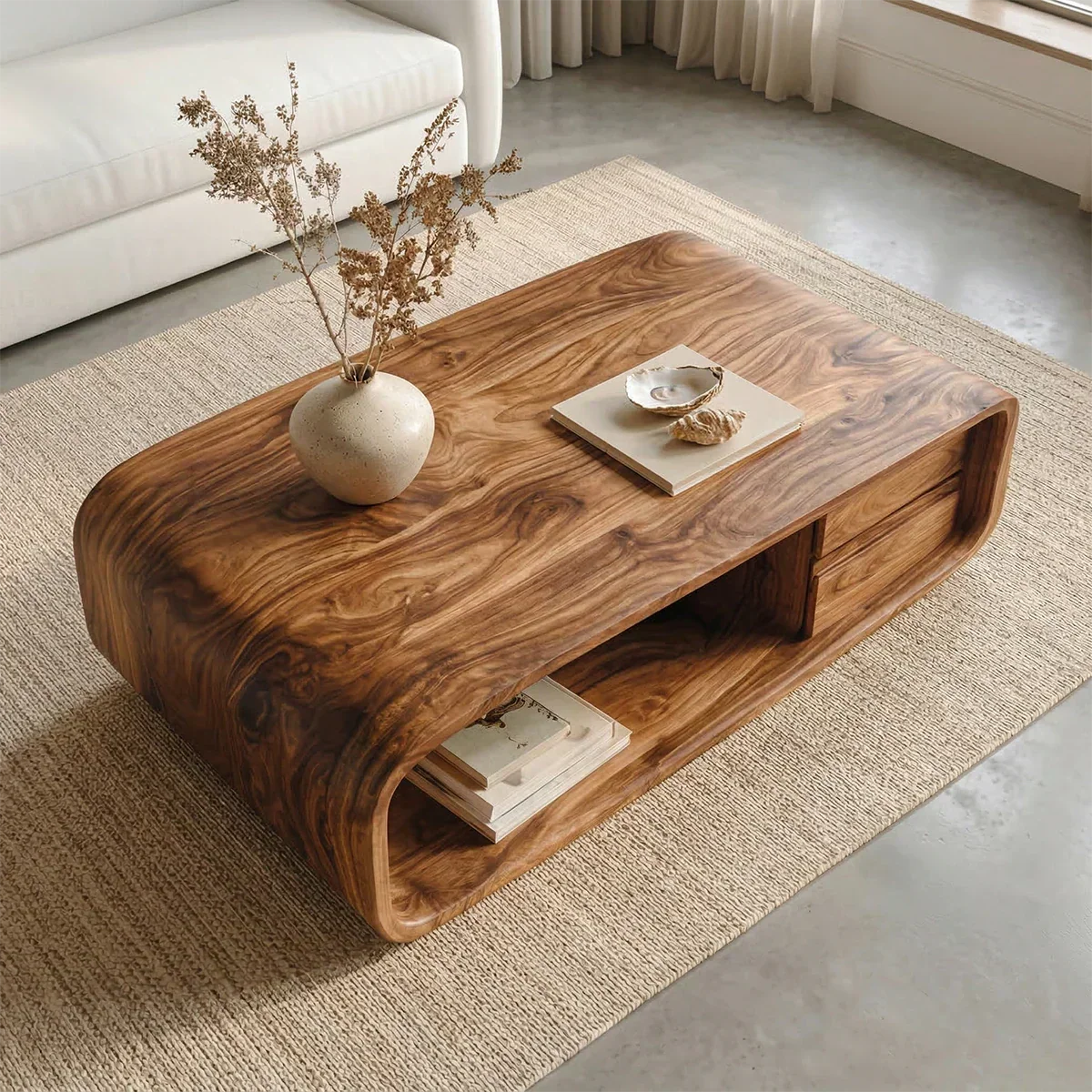 Modern Natural Solid Wood Coffee Table with Drawer and Open Shelf - Rustirawood