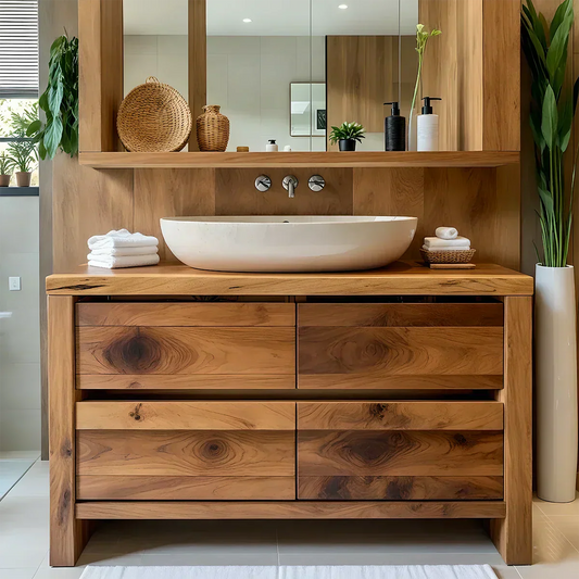 Modern Natural Solid Wood Vanity with Wide Grain Drawers - Elitegemse