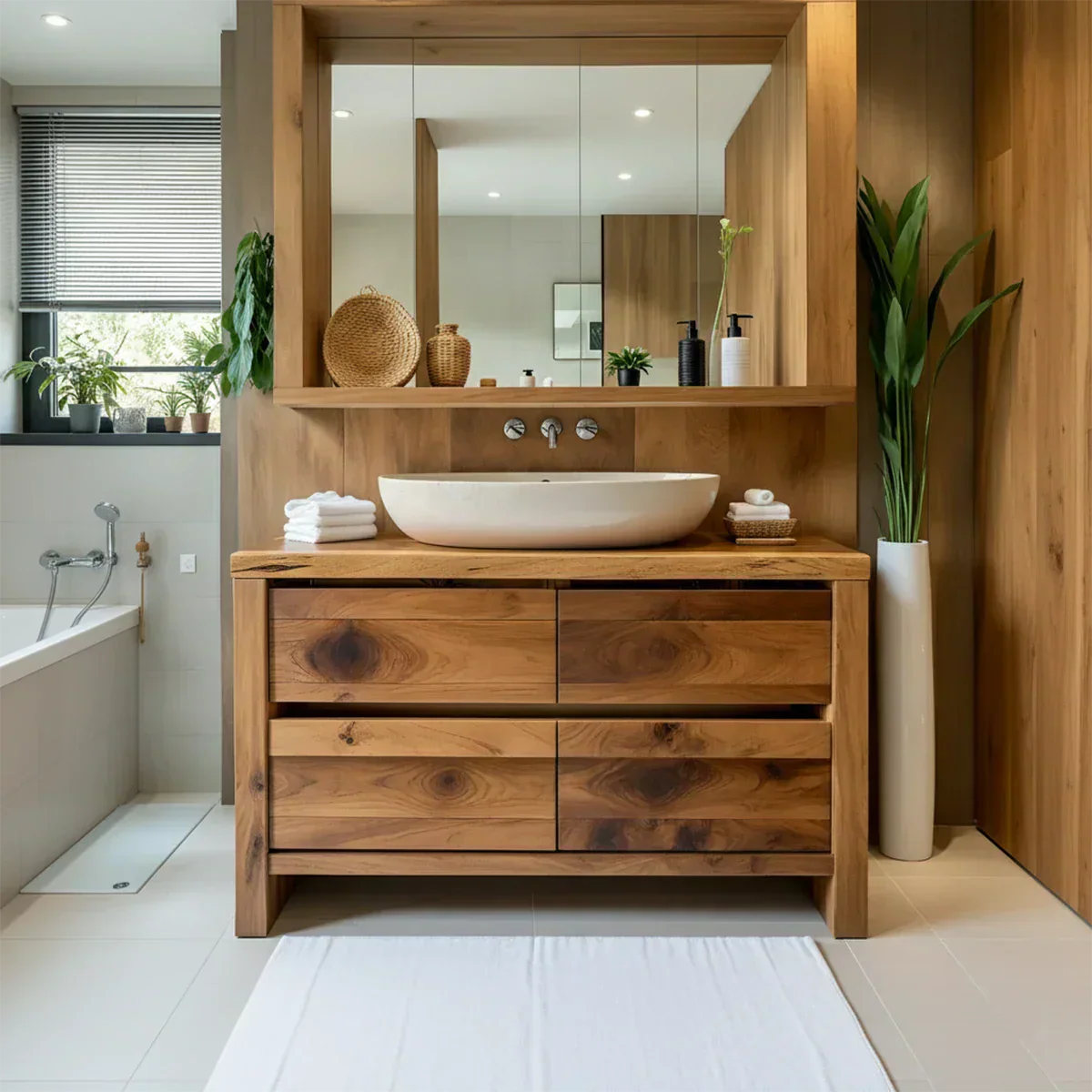 Modern Natural Solid Wood Vanity with Wide Grain Drawers - Elitegemse
