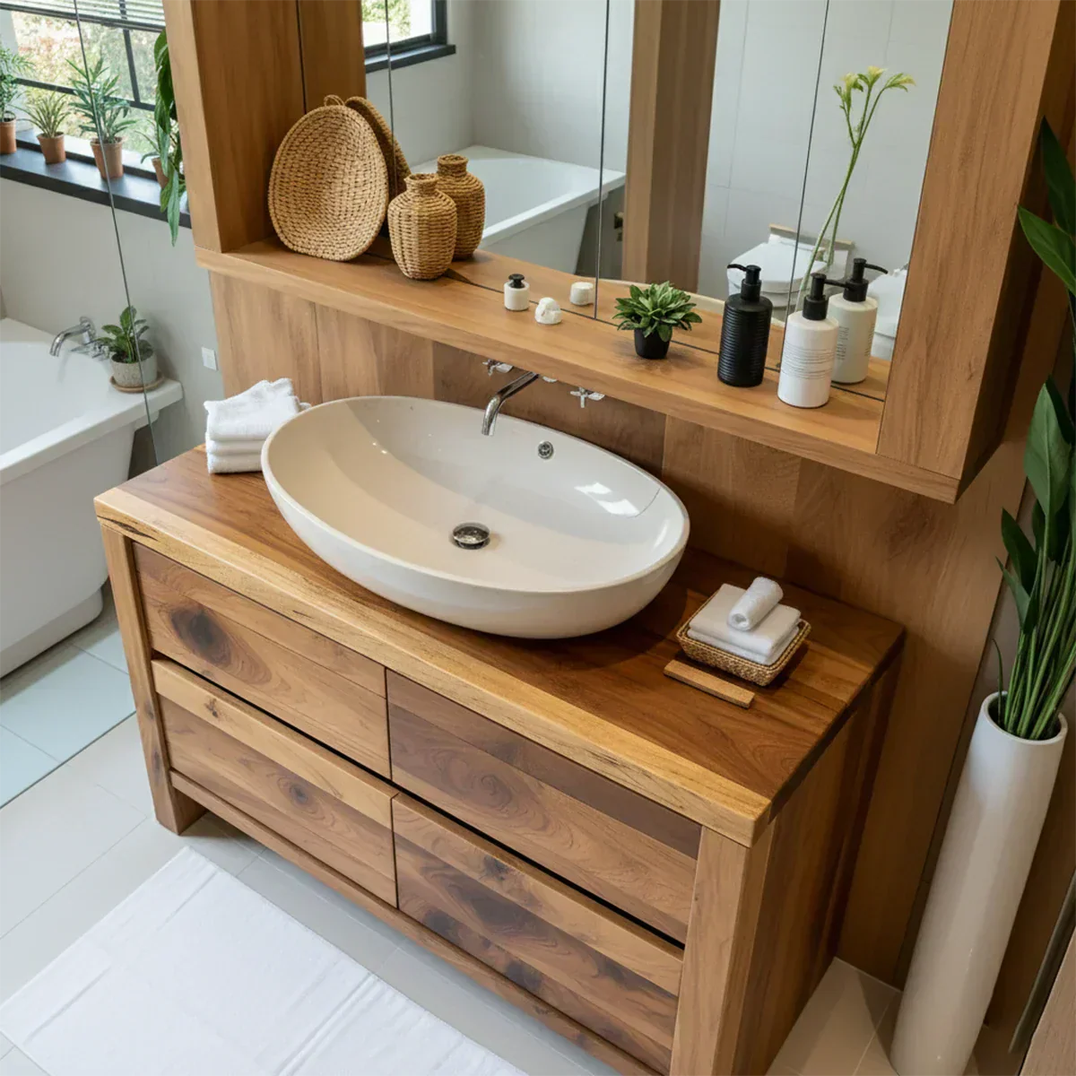 Modern Natural Solid Wood Vanity with Wide Grain Drawers - Elitegemse