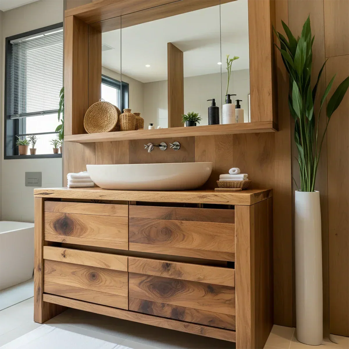 Modern Natural Solid Wood Vanity with Wide Grain Drawers - Elitegemse