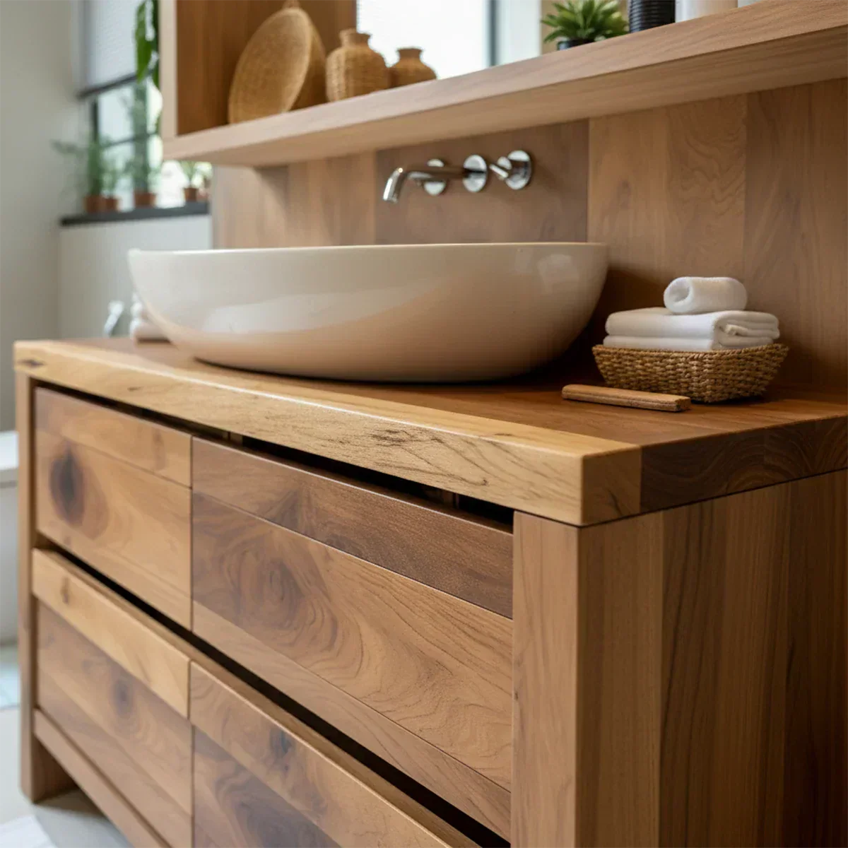 Modern Natural Solid Wood Vanity with Wide Grain Drawers - Elitegemse