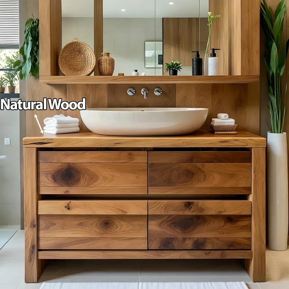Modern Natural Solid Wood Vanity with Wide Grain Drawers - Elitegemse