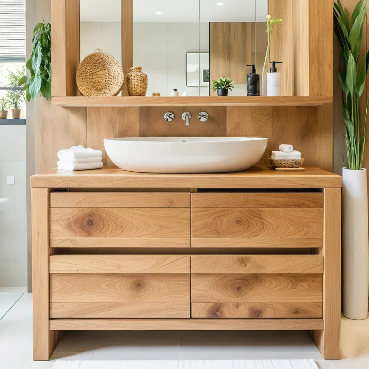 Modern Natural Solid Wood Vanity with Wide Grain Drawers - Elitegemse